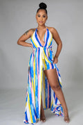 spring european and american cross-border  foreign trade lace-up sexy fashion patterned shorts backless halter two-piece set