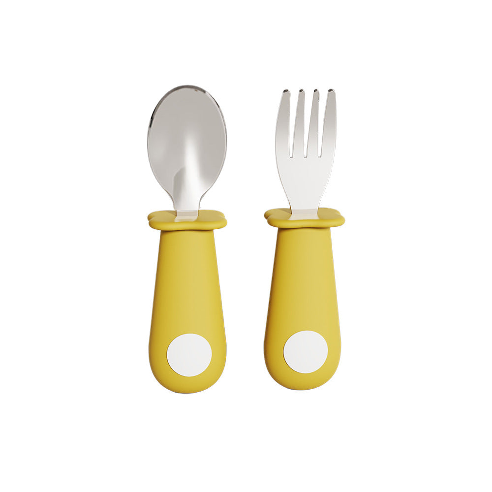 New custom baby food-grade silicone handle feeding fork and spoon set - stainless steel fork and spoon set for independent eating