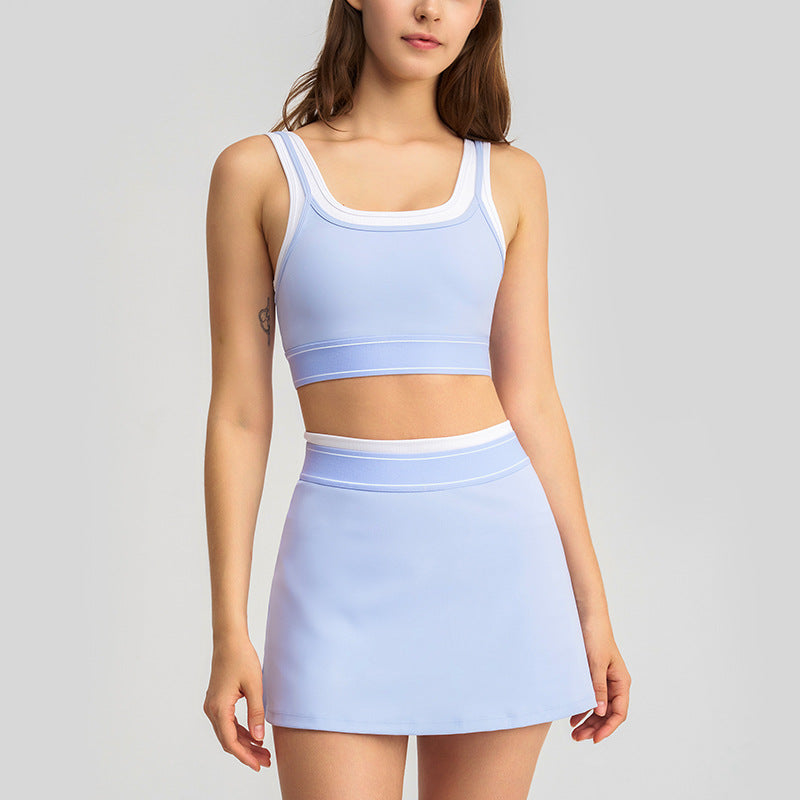 new arrivalfake two-piececontrast color white striped suspender running sports intimates bra tennis skirt yoga suit