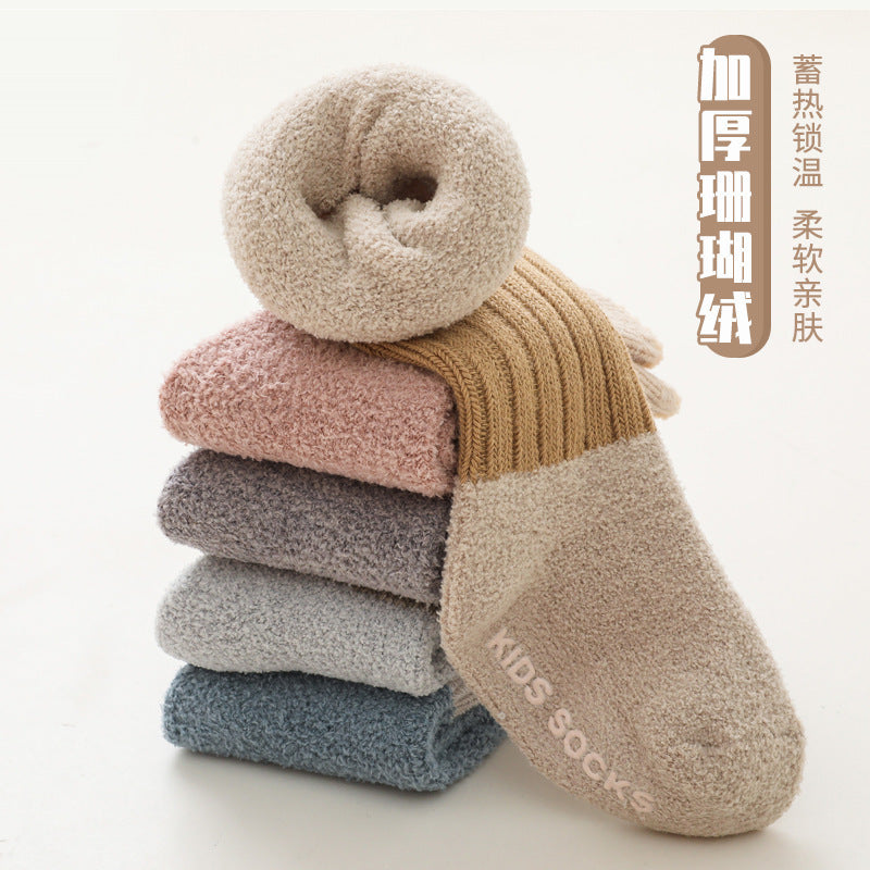 Babylon autumn and winter baby thickened kids socks non-slip dot glue baby floor socks coral velvet newborn knee socks