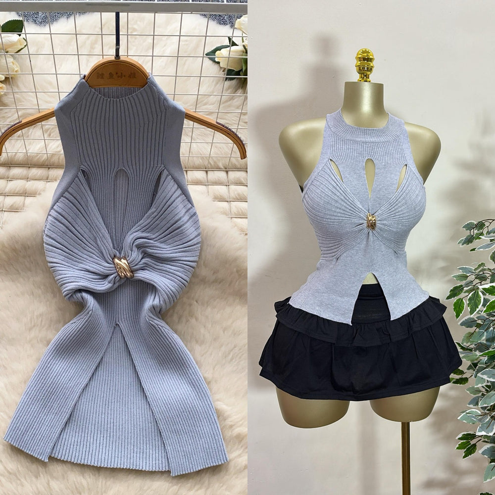 Accessible luxury thousand gold style classy sleeveless knitting vest women's summer metal twist design chic hot girl tops trendy