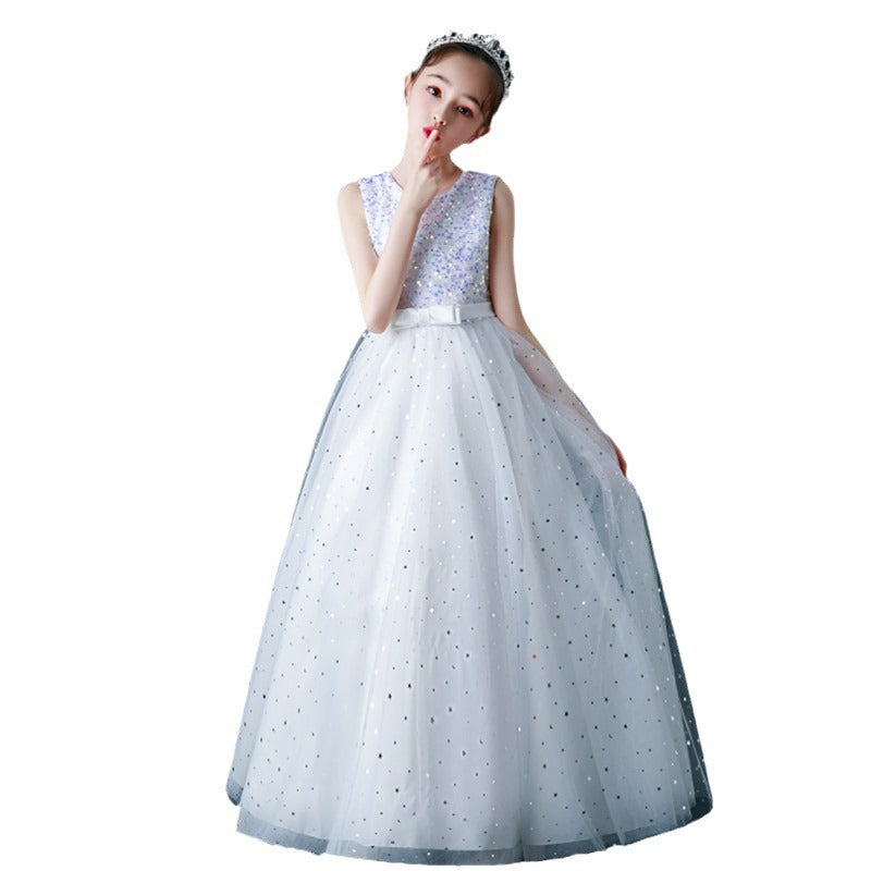 Custom children's long wedding dress gown tulle princess dress for girls ages 3-15, perfect for children's day performances