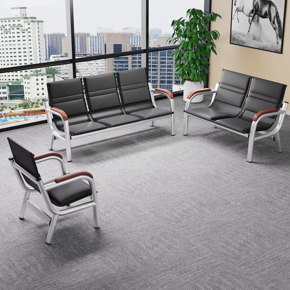 Office sofa and coffee table set - minimalist modern reception desk with iron frame, business three-seater sofa