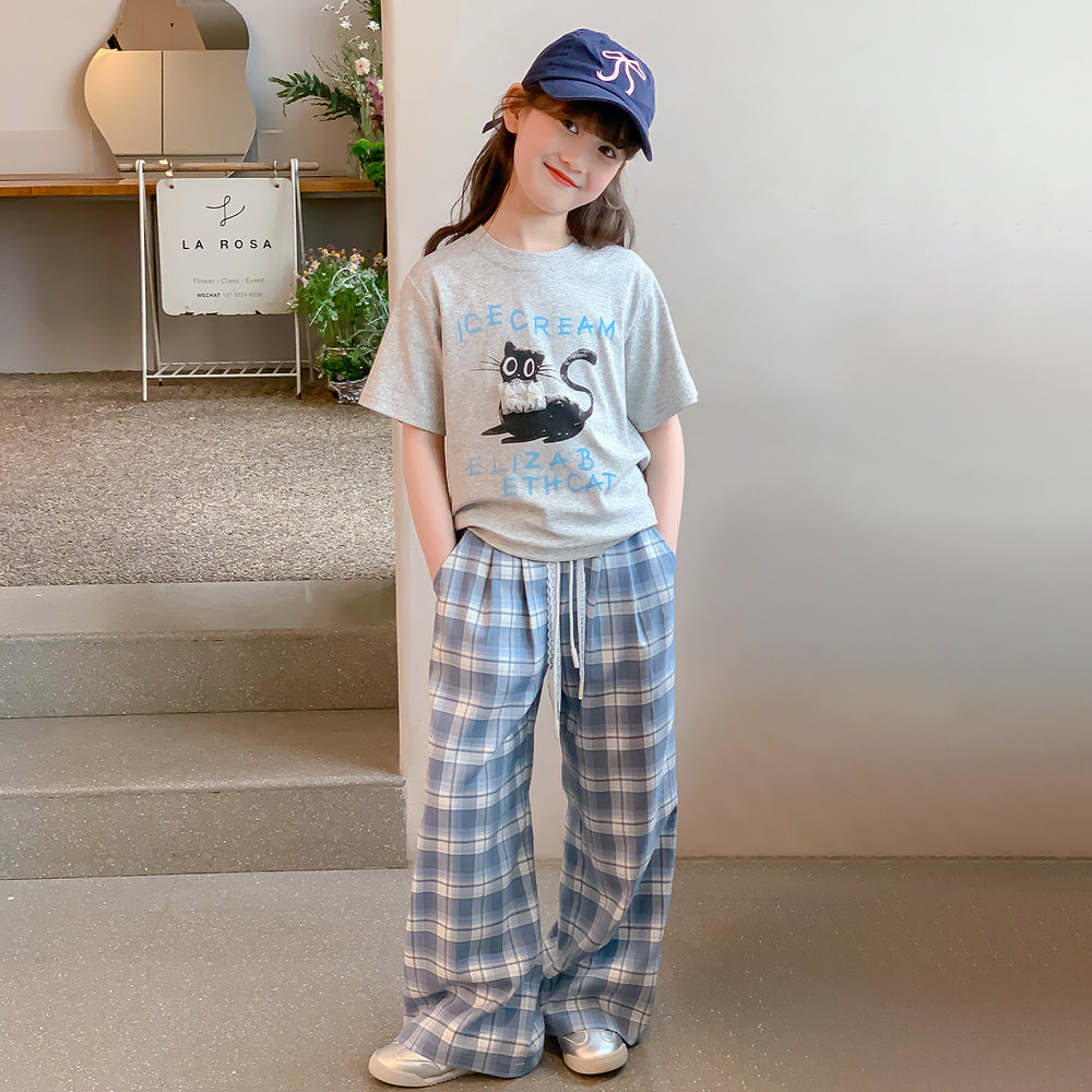 New girls' two-piece outfit: lightweight short-sleeve t-shirt set for summer  - stylish and casual for older girls