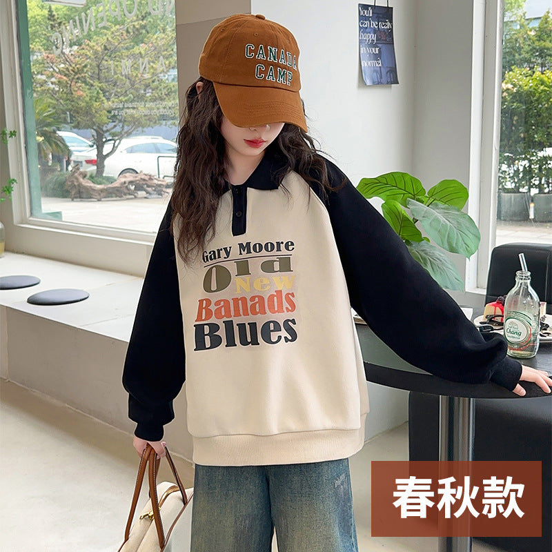 Girls' sweatshirt  new kids' spring/autumn fashionable polo collar top, loose casual children's clothing top for mid-to-large children
