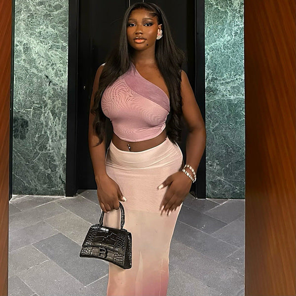European and American style, fresh and fashionable women's clothing, open-button buttocks, tight body, gradual change color skirt set, oblique collar slightly transparent long skirt two-piece set