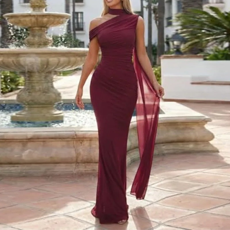 european and american export women's summer new arrival: elegant one-shoulder bodycon maxi dress with ribbon detail and pencil skirt