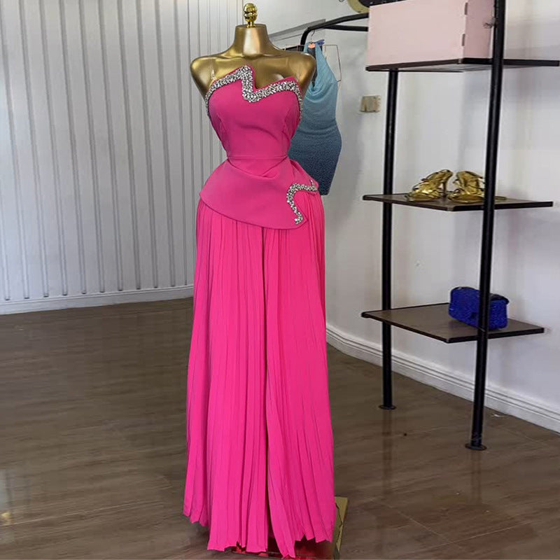 European and american cross-border women's fashion  summer new collection: heavily embellished bandeau top with rhinestone accents and asymmetrical design, paired with pleated wide-leg pants set
