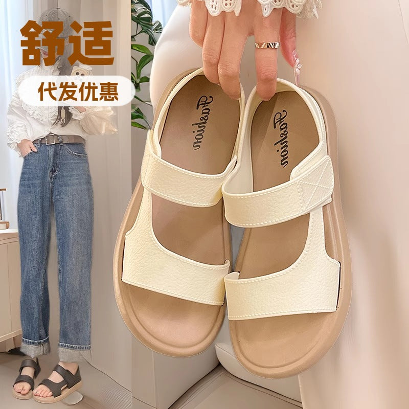 Thick sole roman sandals women's 2025 new summer fashion soft bottom lazy velcro casual beach shoes plaid