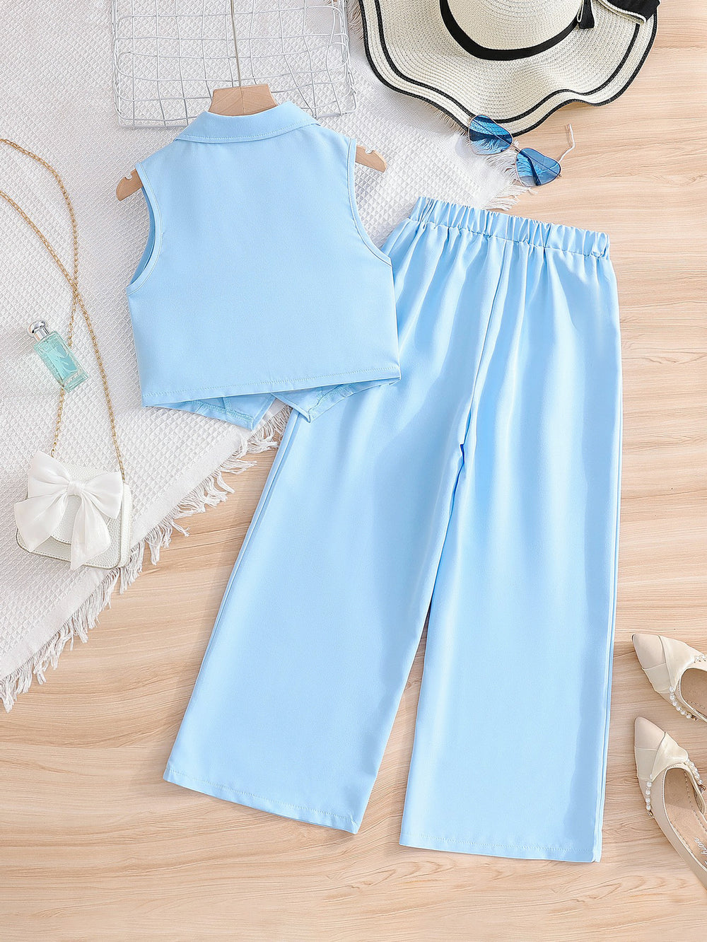 kidssuit sky blue lapel sleeveless open lining suit pants girl summercasualtwo-piece set