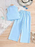 kidssuit sky blue lapel sleeveless open lining suit pants girl summercasualtwo-piece set