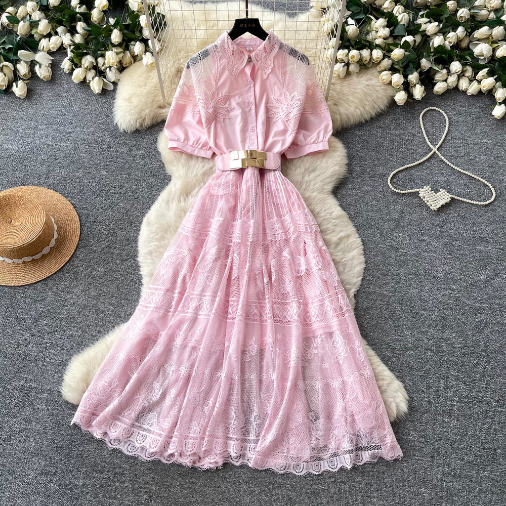 French romantic pink hollow-out lace dress - women's summer a-line maxi dress with cinched waist - high-end elegant style