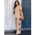 European and american cross-border women's fashion  winter new arrival: short-sleeve v-neck side-slit top and high-waisted wide-leg pants two-piece set
