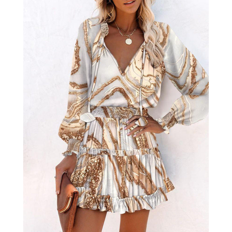 independent station  hot style spring and summer long sleeves v neckfashionprinting waist dress women's clothing