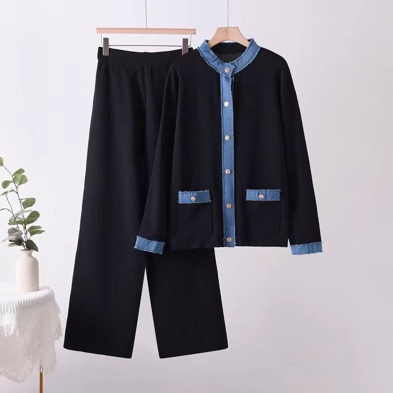 French chic goddess style: trendy denim & knit patchwork crewneck jacket + high-waisted wide-leg pants two-piece set