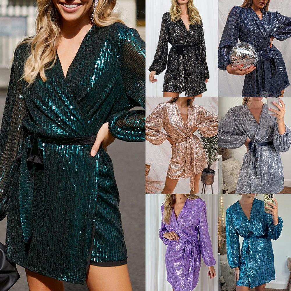 2025 new sequin mini wrap dress for women - v-neck, long sleeve, puff sleeve, sparkly wrap party dress