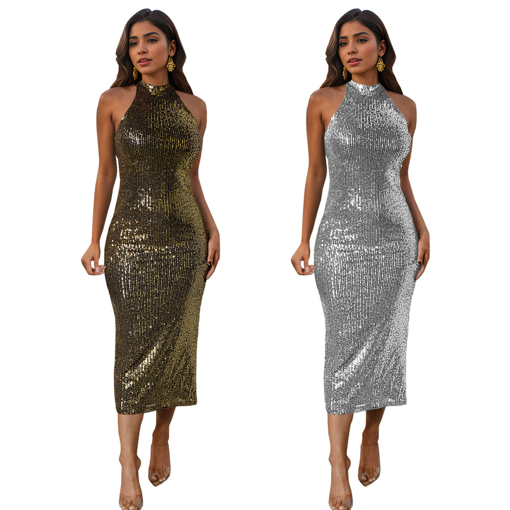 C7195 cross-border   fashion women's halter sequin bodycon sexy slim-fit dress