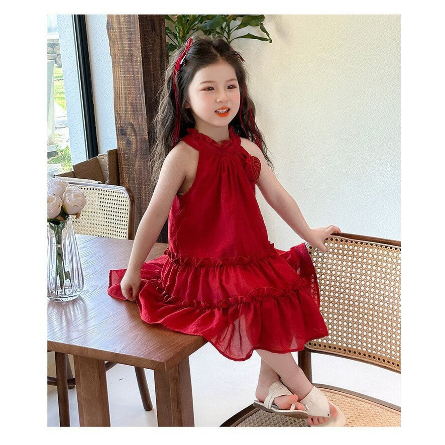 new girls' red rose halter dress - kids' princess cake dress - stylish summer outfit for little girls