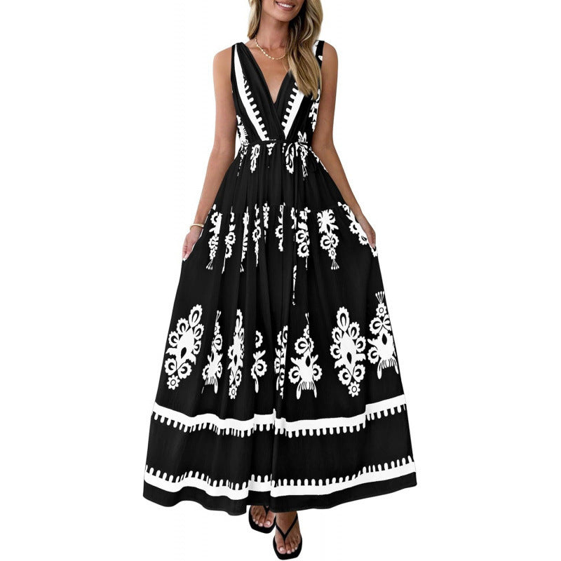 Amazon fashion v neck sleeveless suspender skirt women's  summer bohemia style beach vacation skirt