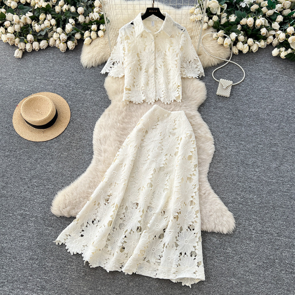 French chic cutout lace two-piece set: women's spring/autumn fashion commute outfit - short sleeve top & high-waisted midi skirt