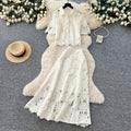French chic cutout lace two-piece set: women's spring/autumn fashion commute outfit - short sleeve top & high-waisted midi skirt