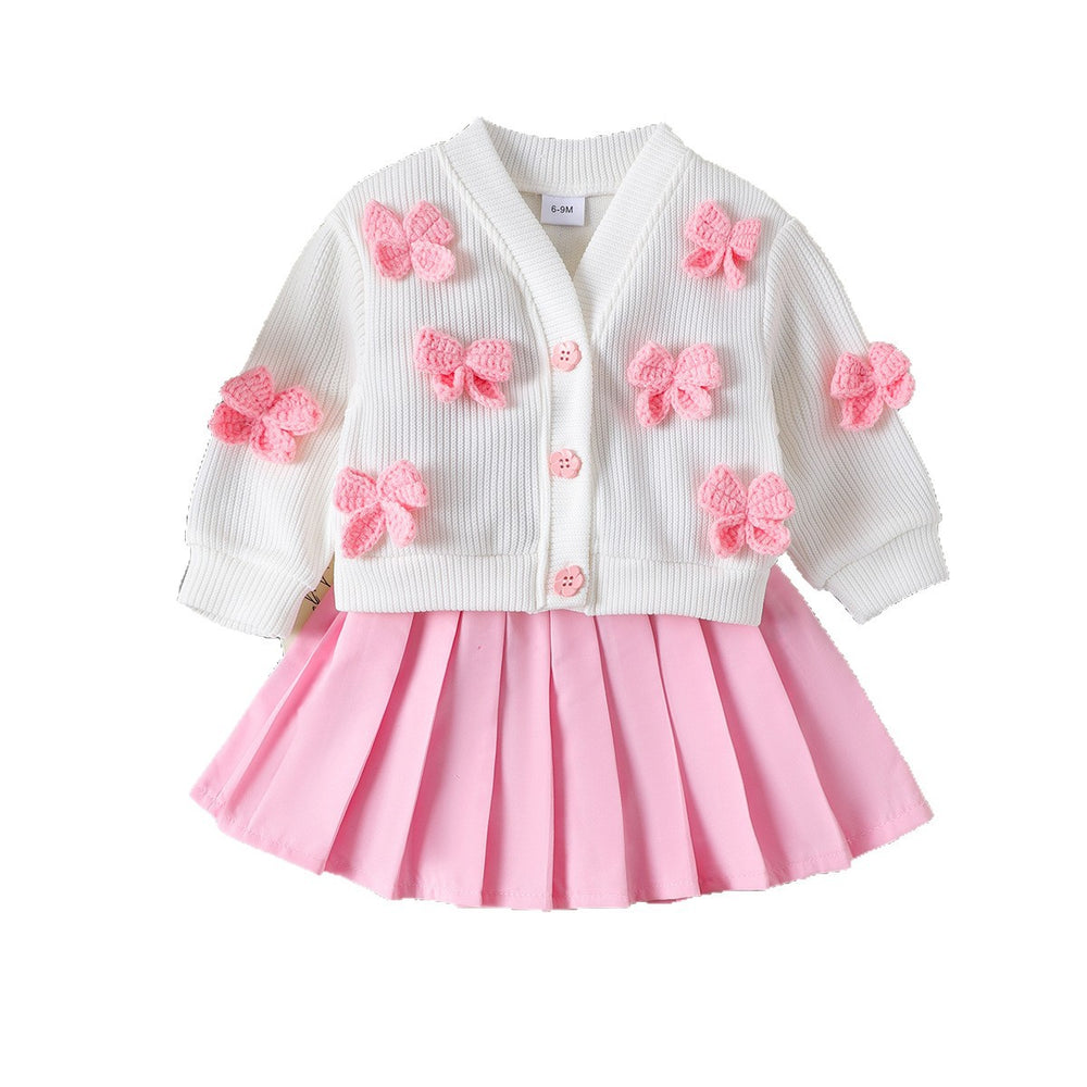 new european and american spring/autumn girls'  baby girl two-piece set: beige long-sleeved jacket + pink skirt