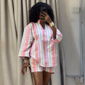 European and american style women's clothing  new sweet and fresh striped turn-down collar three-quarter sleeve blouse and high-waisted straight-leg shorts two-piece set