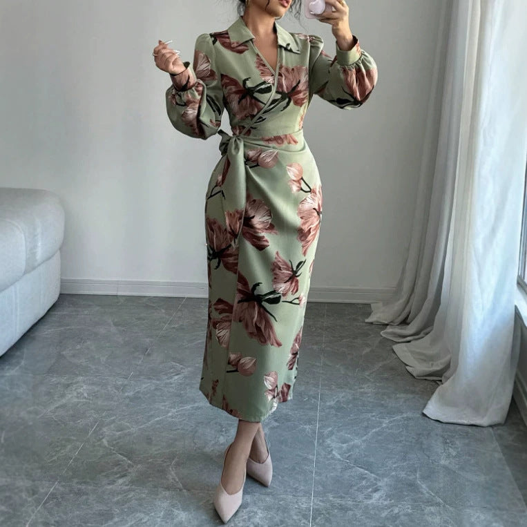 european and american women's clothing spring/summer hot seller: fashionable casual style plant print long maxi dress - a-line skirt