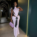European and american cross-border women's fashion:  autumn new collection - solid color sleeveless stand collar open back top & sexy midi skirt two-piece set