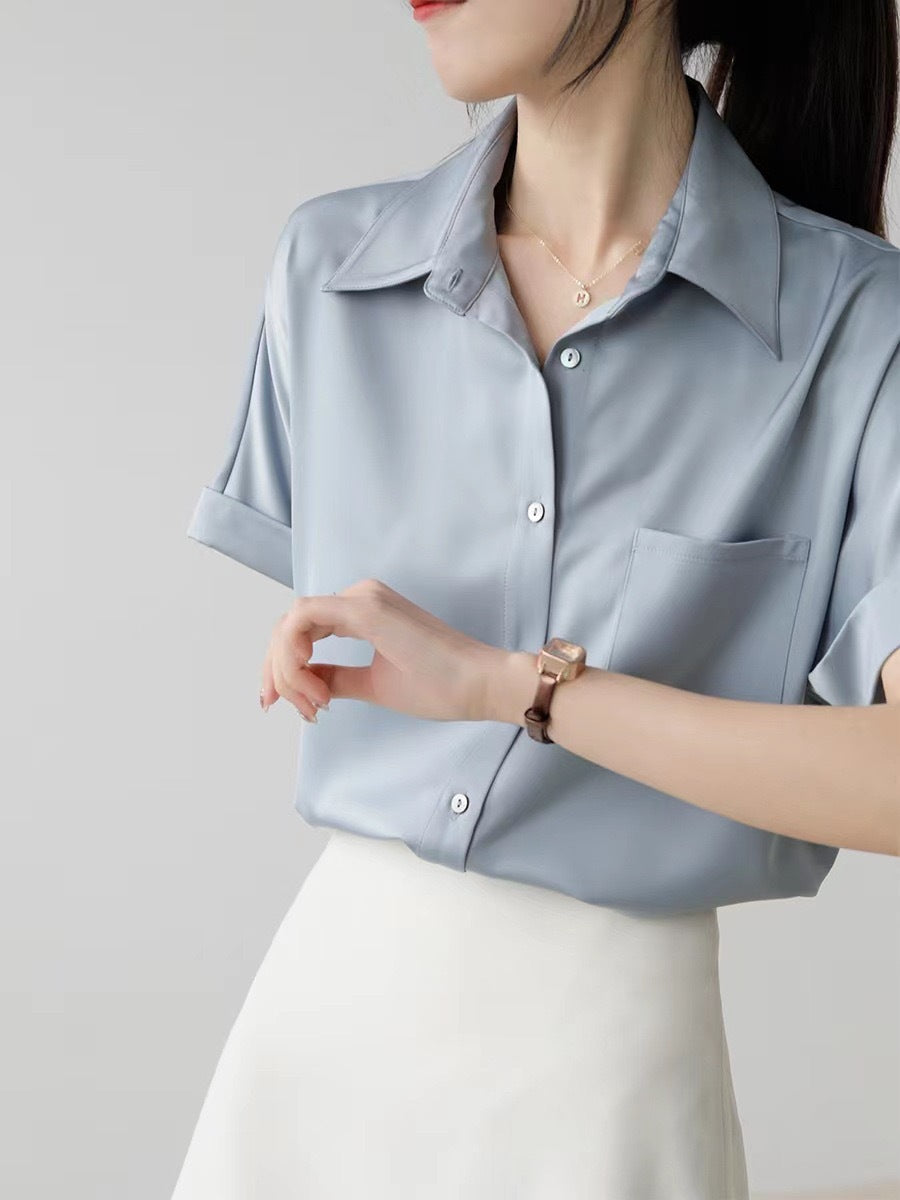 summer new arrival: casual satin short-sleeve blouse - korean style, professional white collar, commute & interview shirt - in stock