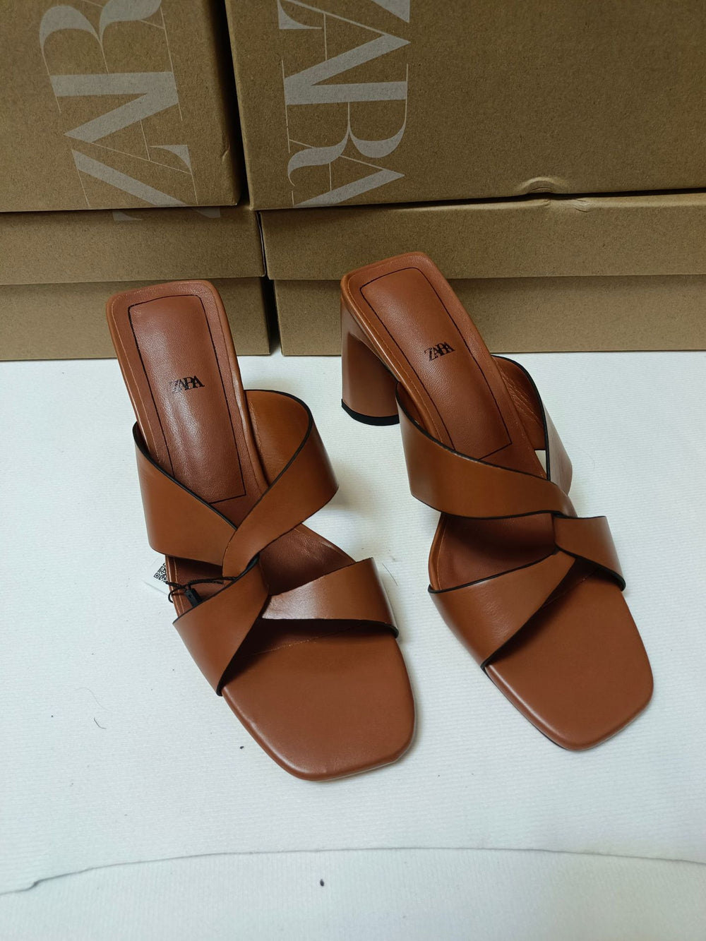 Spanish za brand 2024 summer new square toe outerwear cow leather versatile comfortable chunky heel high heel sandals and slippers for women