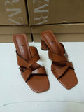 Spanish za brand 2024 summer new square toe outerwear cow leather versatile comfortable chunky heel high heel sandals and slippers for women
