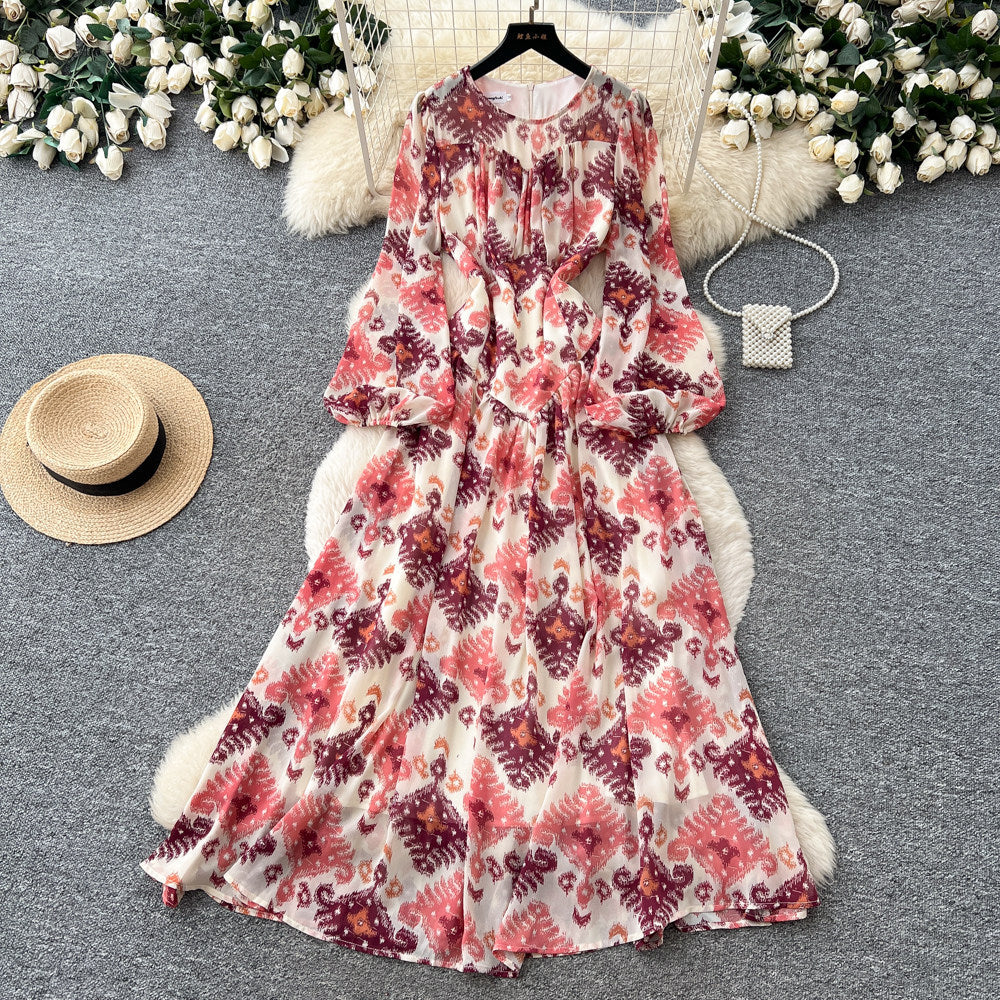 French romantic style printed dress - women's spring/autumn slimming a-line pleated flowy maxi dress - commute chic