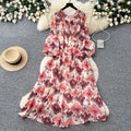 French romantic style printed dress - women's spring/autumn slimming a-line pleated flowy maxi dress - commute chic