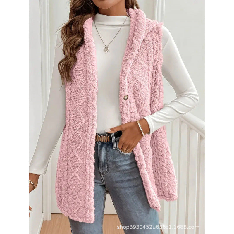 Europe and the United States   hot-selling explosion solid color double-sided plush hooded button cardigan casual women's autumn and winter vest