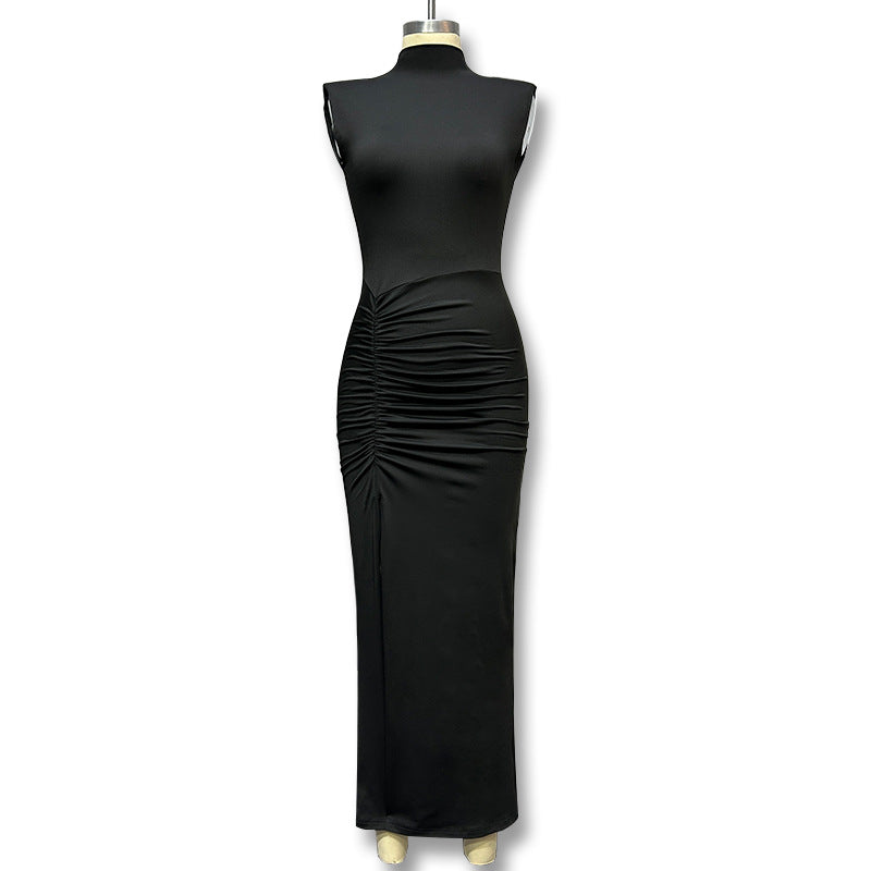 Aliexpress  cross-border e-commerce  autumn/winter new arrival: semi-high neck sleeveless cinched waist ruched slit maxi dress
