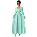 Fashion cross-border  overseas hot style mint green waist simple pure color square collar long sleeves large hem version long skirt