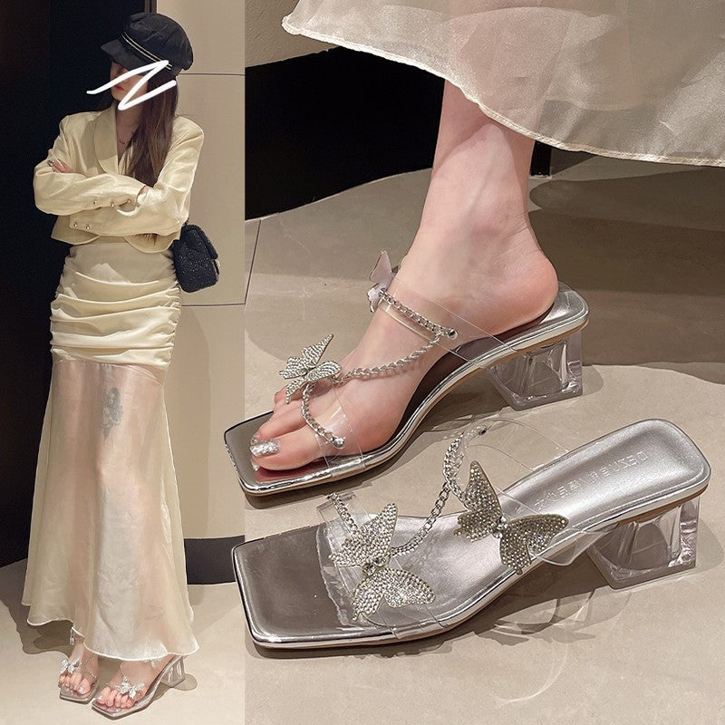 2024 summer new bowknot rhinestone high heel mules - women's chunky heel transparent stunning silver high heel slippers
