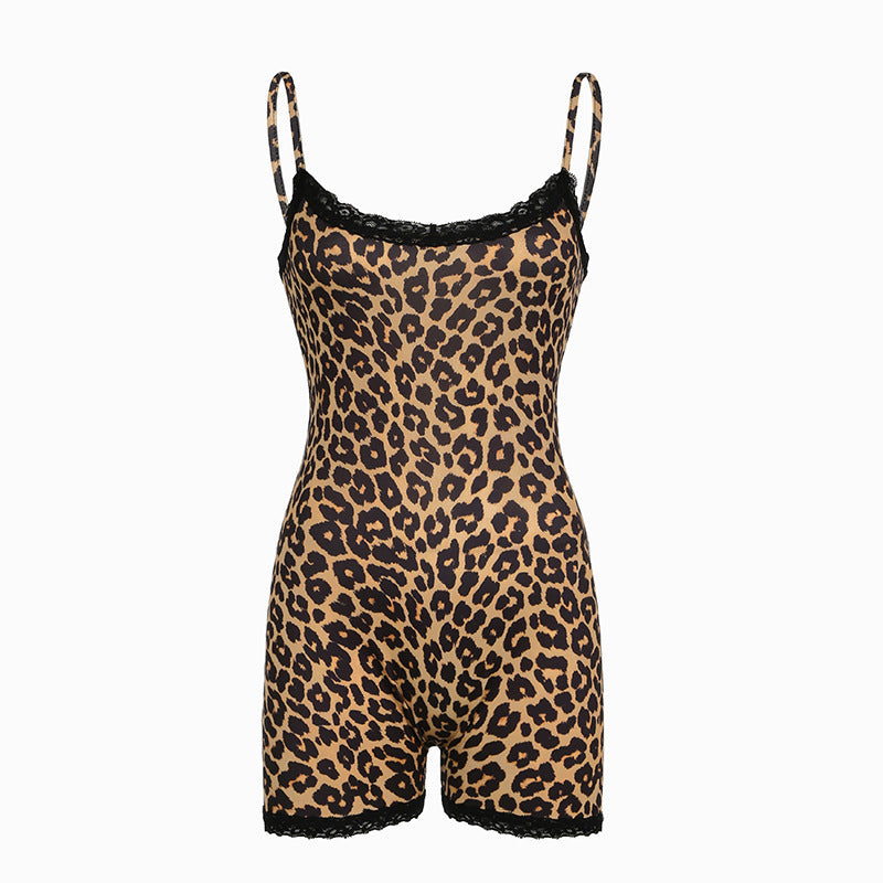 Wholesale women's foreign trade bodycon stretch sexy leopard print lace-trimmed basic cami jumpsuit shorts