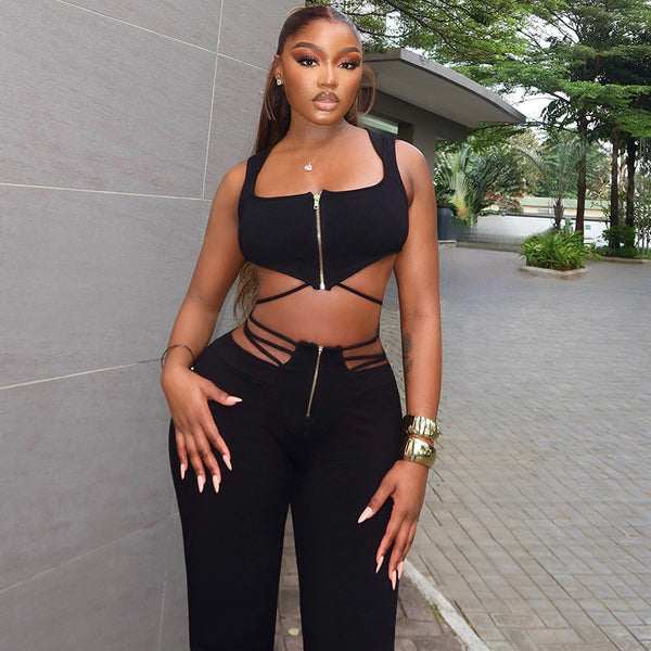2024  new European and American style women's clothing sexy solid color sleeveless top casual strap tight sweatpants set
