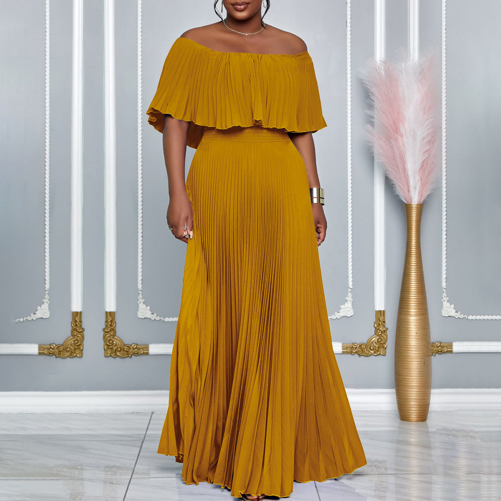 C8594  foreign trade women's new sexy off-the-shoulder pleated maxi dress - european and american style