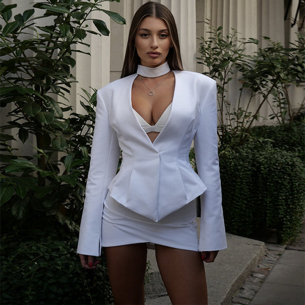 European and American  women's clothing 2025 autumn new fashionable and sexy V-neck waist solid color slim jacket short skirt set