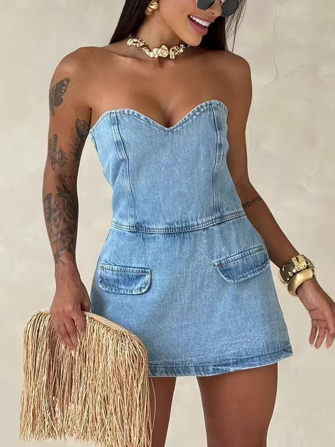 fashionnew arrivalexport sexytube top jumpsuit back zipper tube denim jumpsuit shorts for women