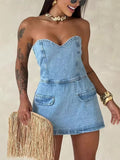 fashionnew arrivalexport sexytube top jumpsuit back zipper tube denim jumpsuit shorts for women
