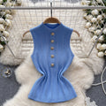 Classy sense of knittingtops women's elegant half turtleneck breasted silmshort stretch tight sleeveless vest bottom shirt