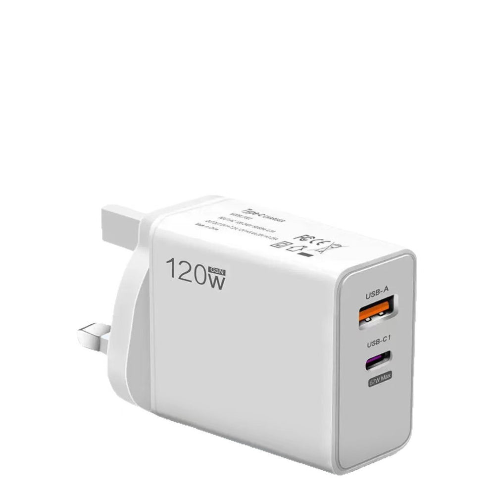 120w dual-port fast charging adapter, eu/uk plug, compatible with apple, huawei, and xiaomi phones