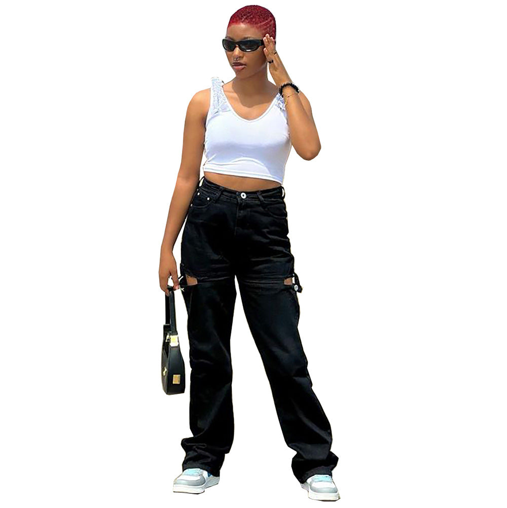 European and american cross-border women's fashion:  streetwear casual distressed patchwork jeans - high waist, straight leg, loose wide leg pants