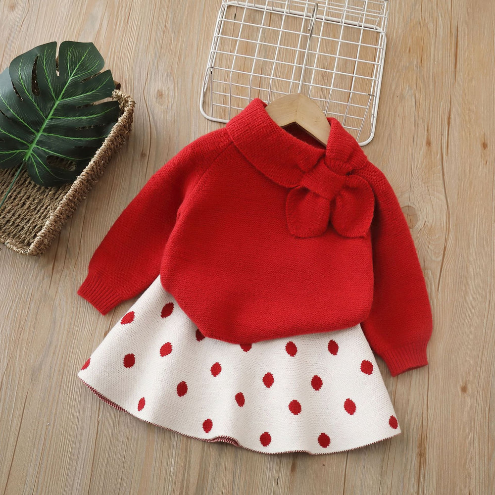 Girls' tweed style two-piece sweater set with bow scarf - autumn/winter new sweet christmas outfit