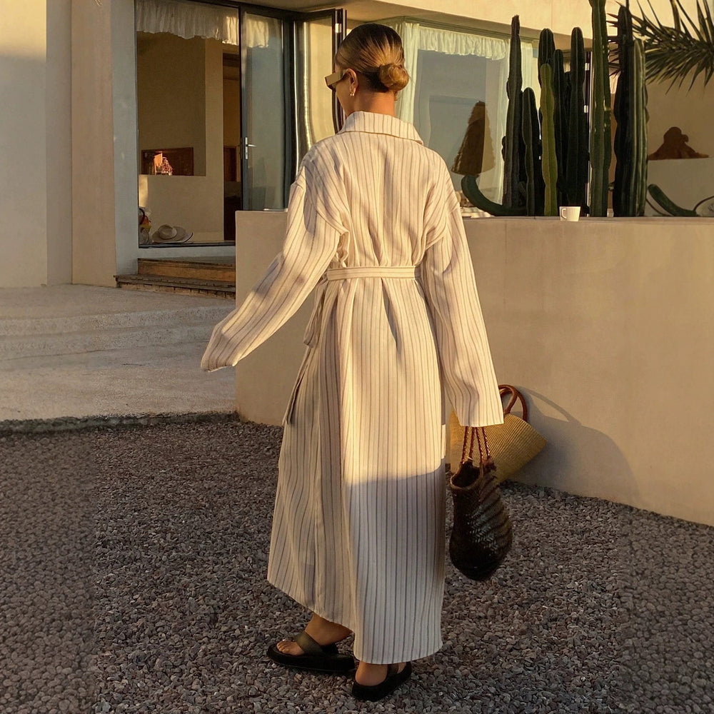 French striped shirt dress - slim fit, slit hem, tie waist, beach vacation style, two-piece look