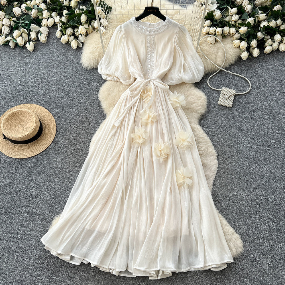 French heavy industry diamond-encrusted red elegantdress women's summerk-style waist slimming lookelegant thousand gold style long skirt
